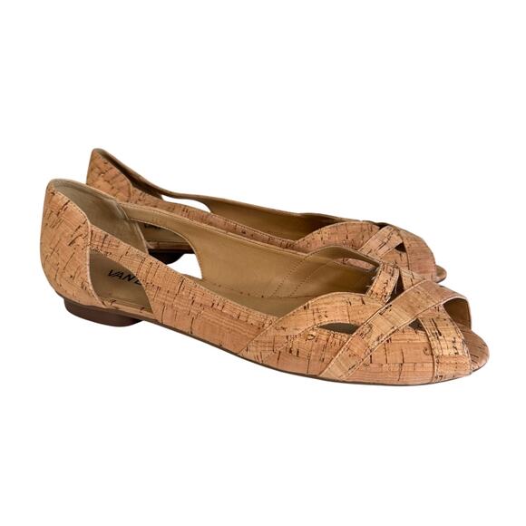 Van Eli Women 11.5 Brown Natural Cork Peep Toe Flat Slip On Casual Cutout Sandal - Picture 1 of 12
